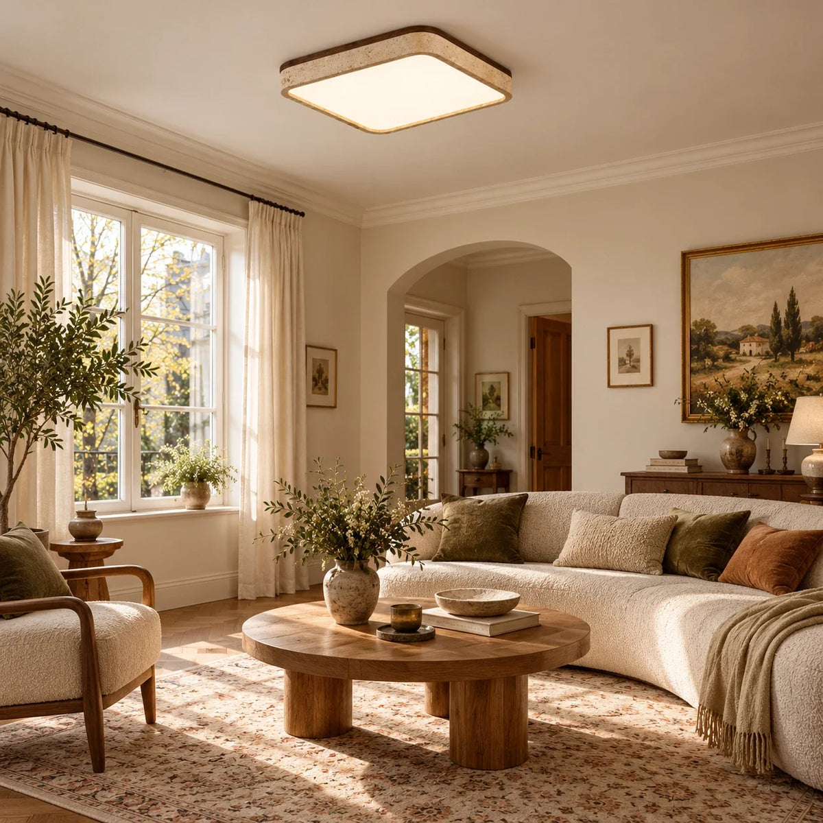 Square Travertine & Walnut Flush Ceiling Light — living
