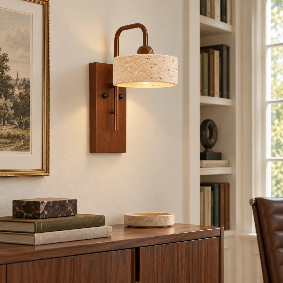 Straight travertine and walnut wall light in a home office