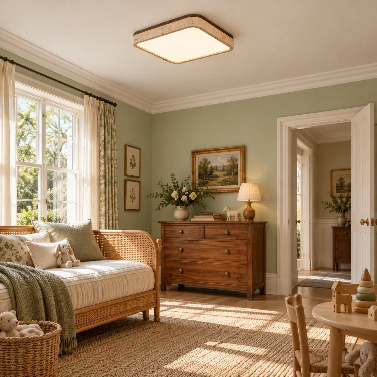Square Travertine & Walnut Flush Ceiling Light — guest