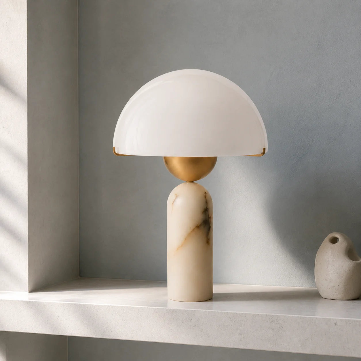 Modern Alabaster Mushroom Table Lamp with White Dome