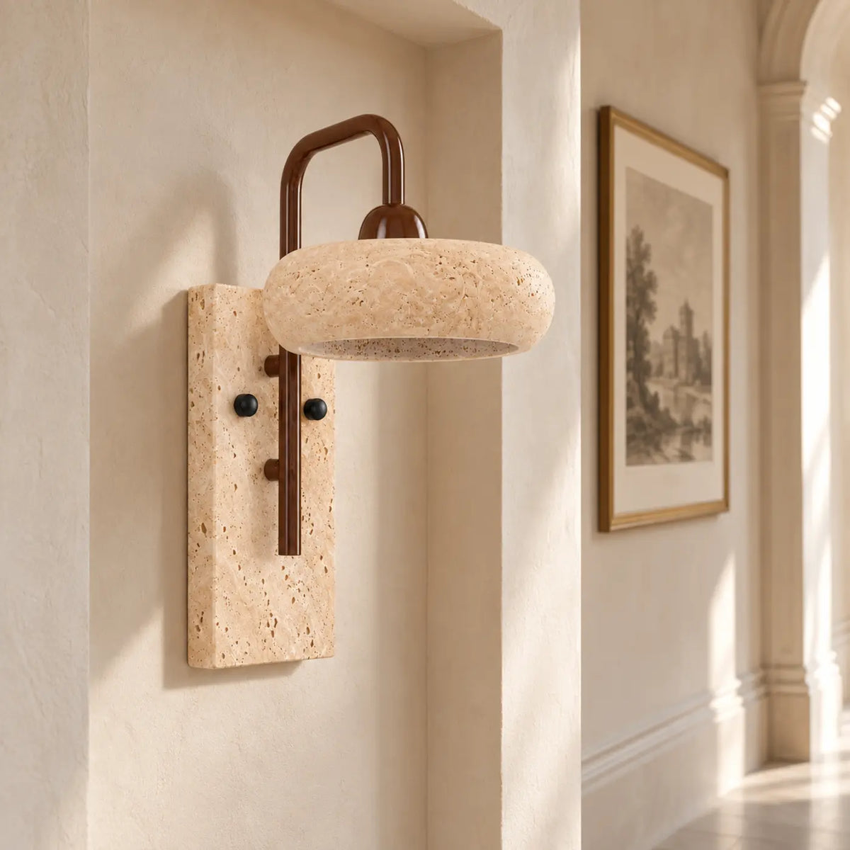 Rounded travertine wall light with matching stone base in a corridor