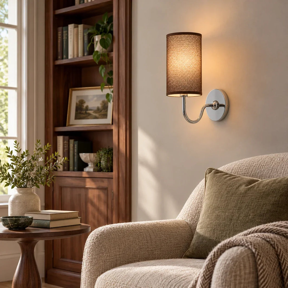 Chrome single wall light with coffee linen shade in a British interior