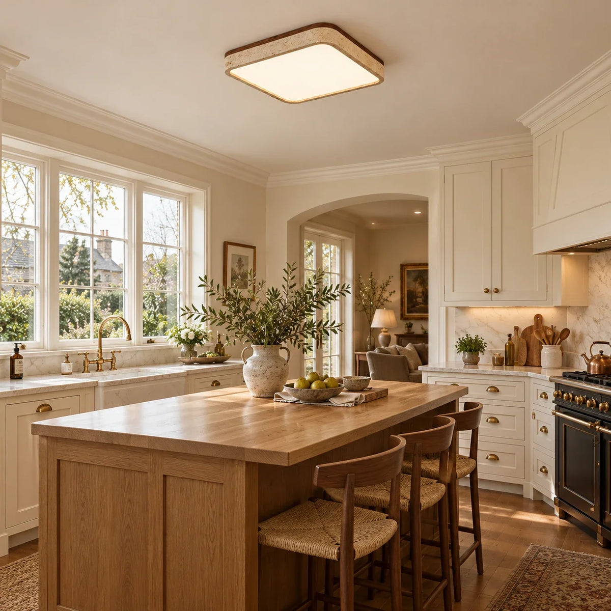 Square Travertine & Walnut Flush Ceiling Light — kitchen