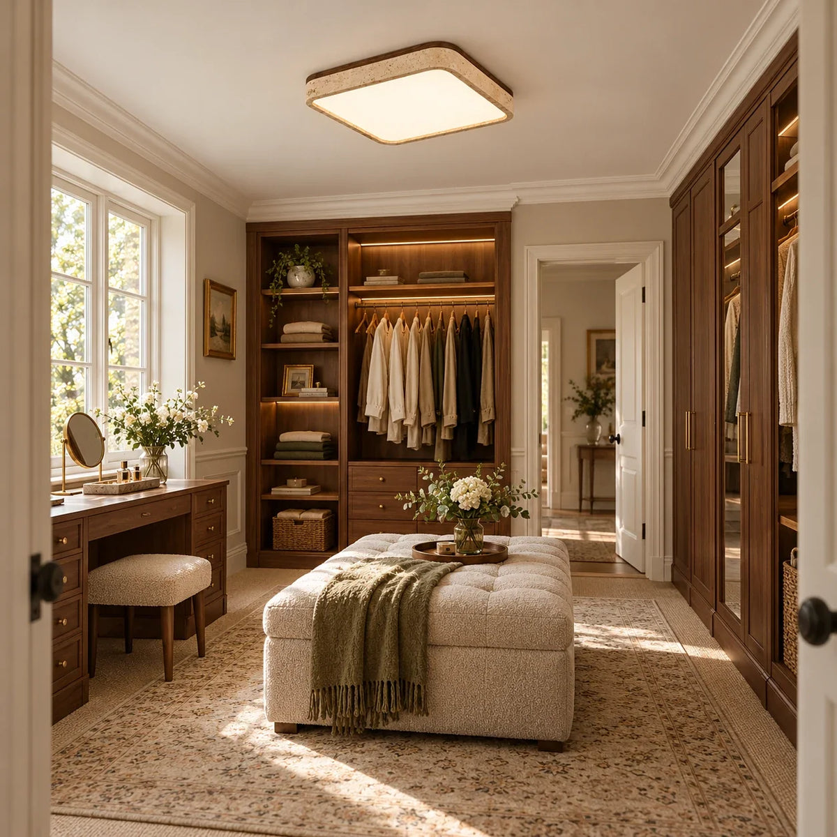 Square Travertine & Walnut Flush Ceiling Light — dressing