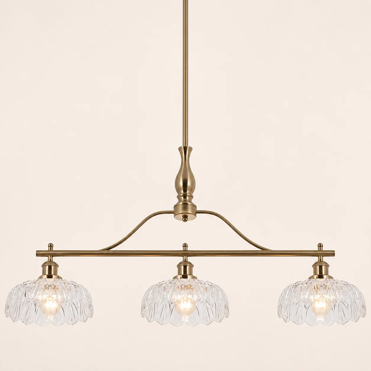 Vintage Brass 3-Light Linear Chandelier with Textured Glass Shade