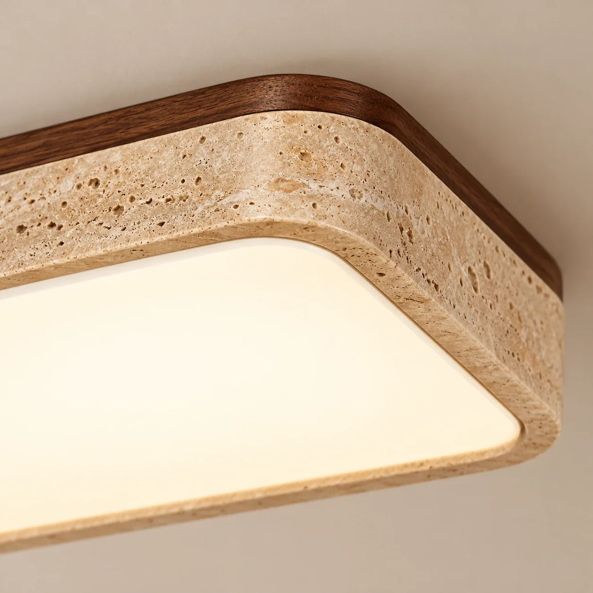 Square Travertine & Walnut Flush Ceiling Light — travertine detail