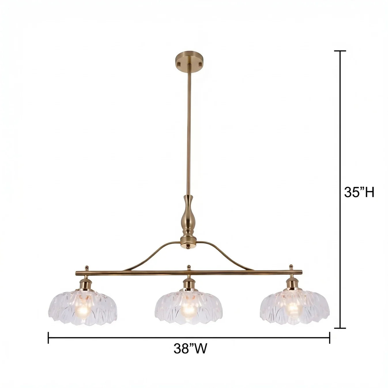 Vintage Brass 3-Light Linear Chandelier with Textured Glass Shade