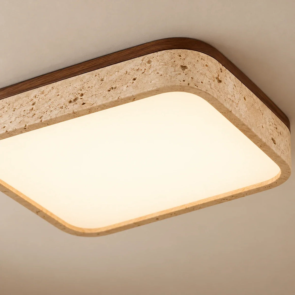 Square Travertine & Walnut Flush Ceiling Light — diffuser detail