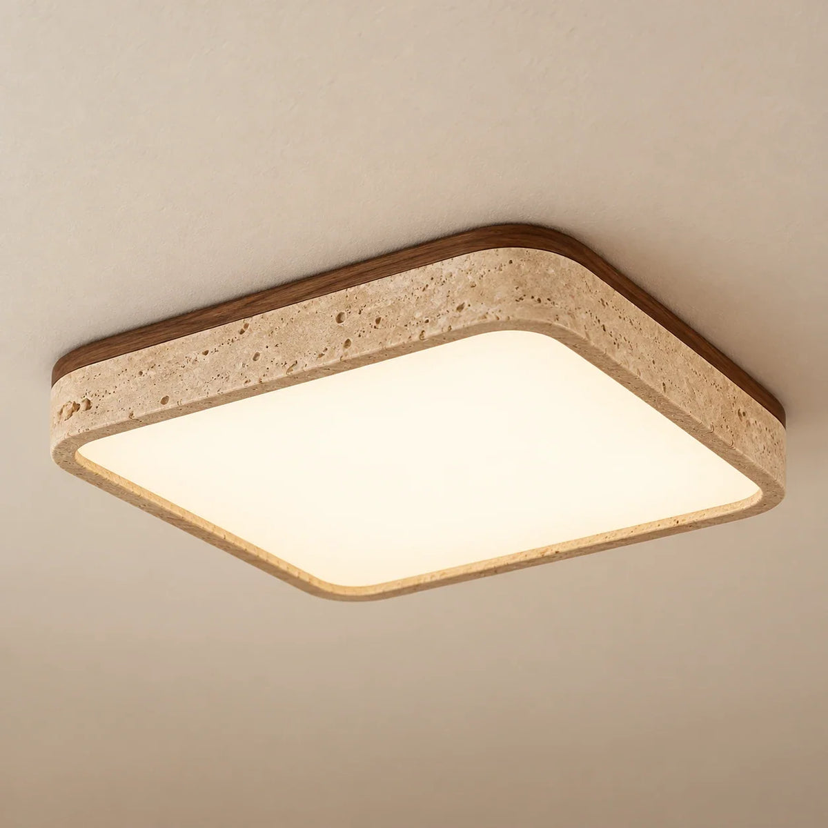 Square Travertine & Walnut Flush Ceiling Light — mount detail