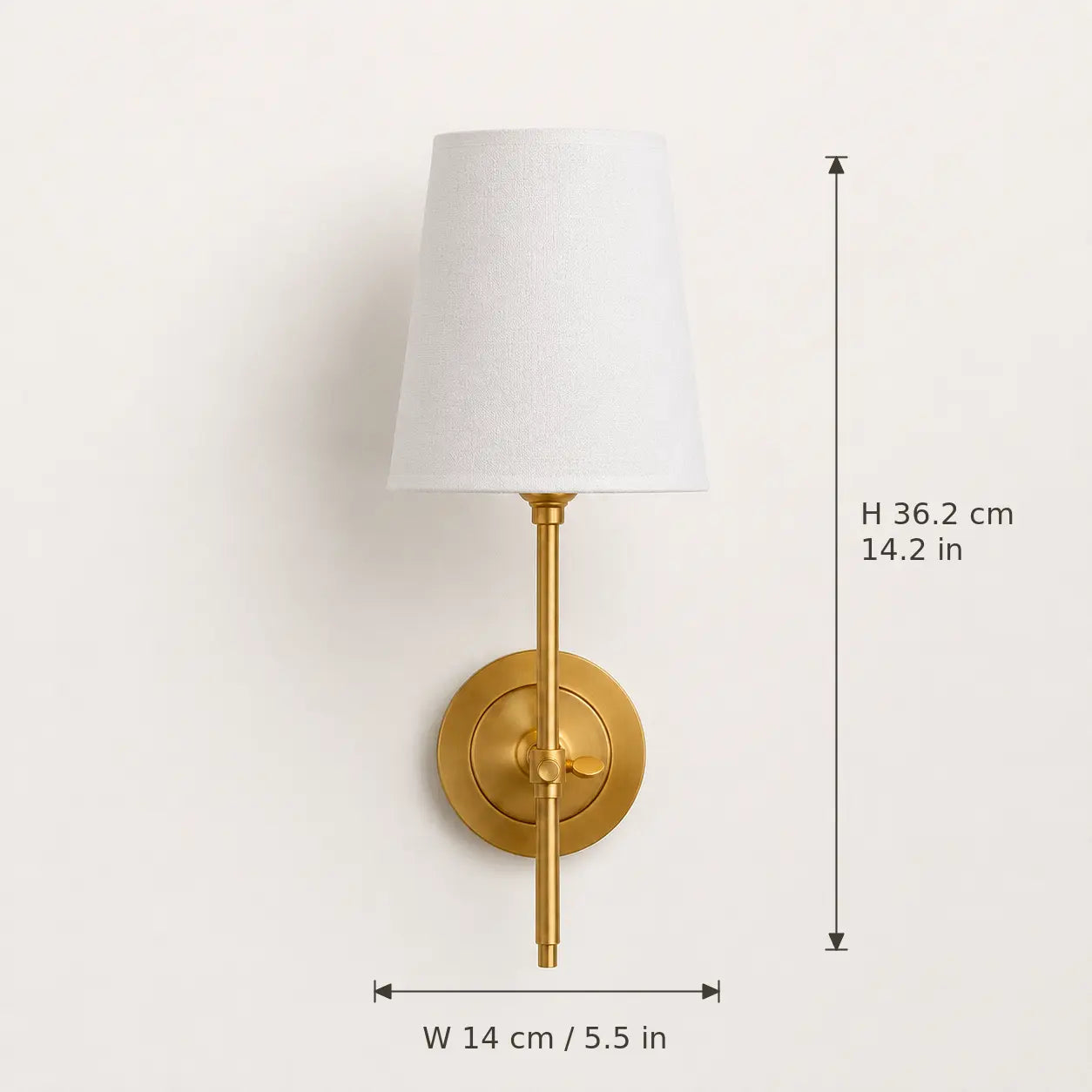 Wall light dimensions 14 cm wide and 36.2 cm high with inch equivalents