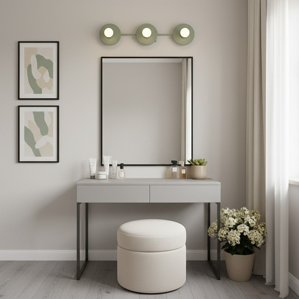 Modern vanity setup with mirror, lights, and decorative elements in a room.