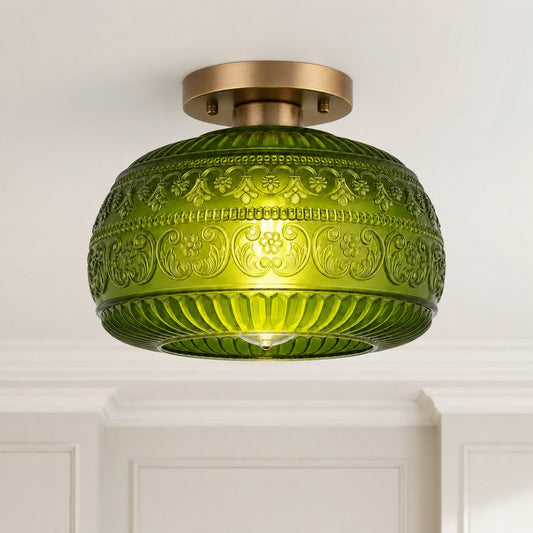 Vintage Flora Engraved Clear Glass Flush Mount Ceiling Light