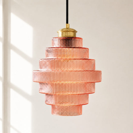 Art Deco Vintage Tiered Ribbed Glass Pendant Light