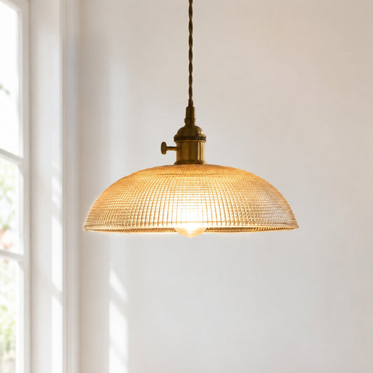 Vintage Clear Ribbed Glass Brass Kitchen Island Pendant Light