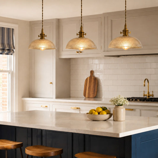 Vintage Clear Ribbed Glass Brass Kitchen Island Pendant Light