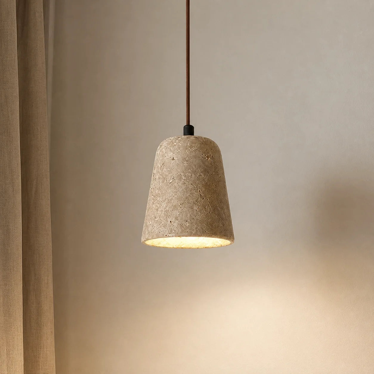 Modern Natural Travertine & Walnut Wood Pendant Light