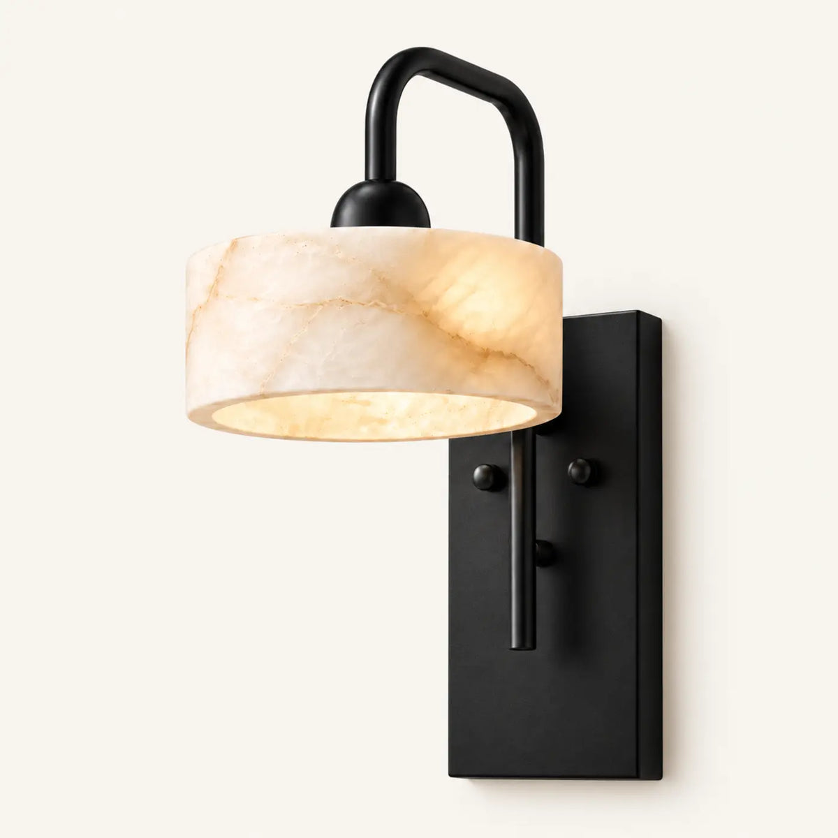 Straight alabaster cylinder wall light with matte black metal base