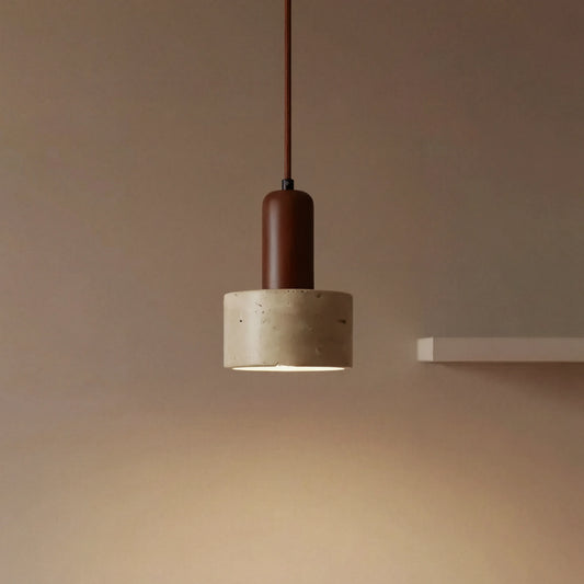 Minimalist Wood Travertine Cylinder Pendant Lamp