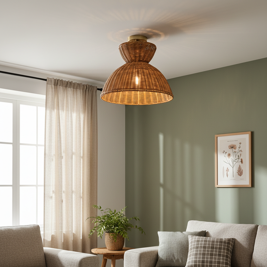 Rustic Rattan Semi-Flush Ceiling Light For Low-Ceiling Spaces