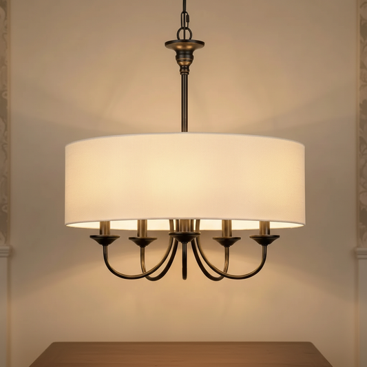 Modern 5-Light Dimmable Fabric Drum-Shaped Pendant Light