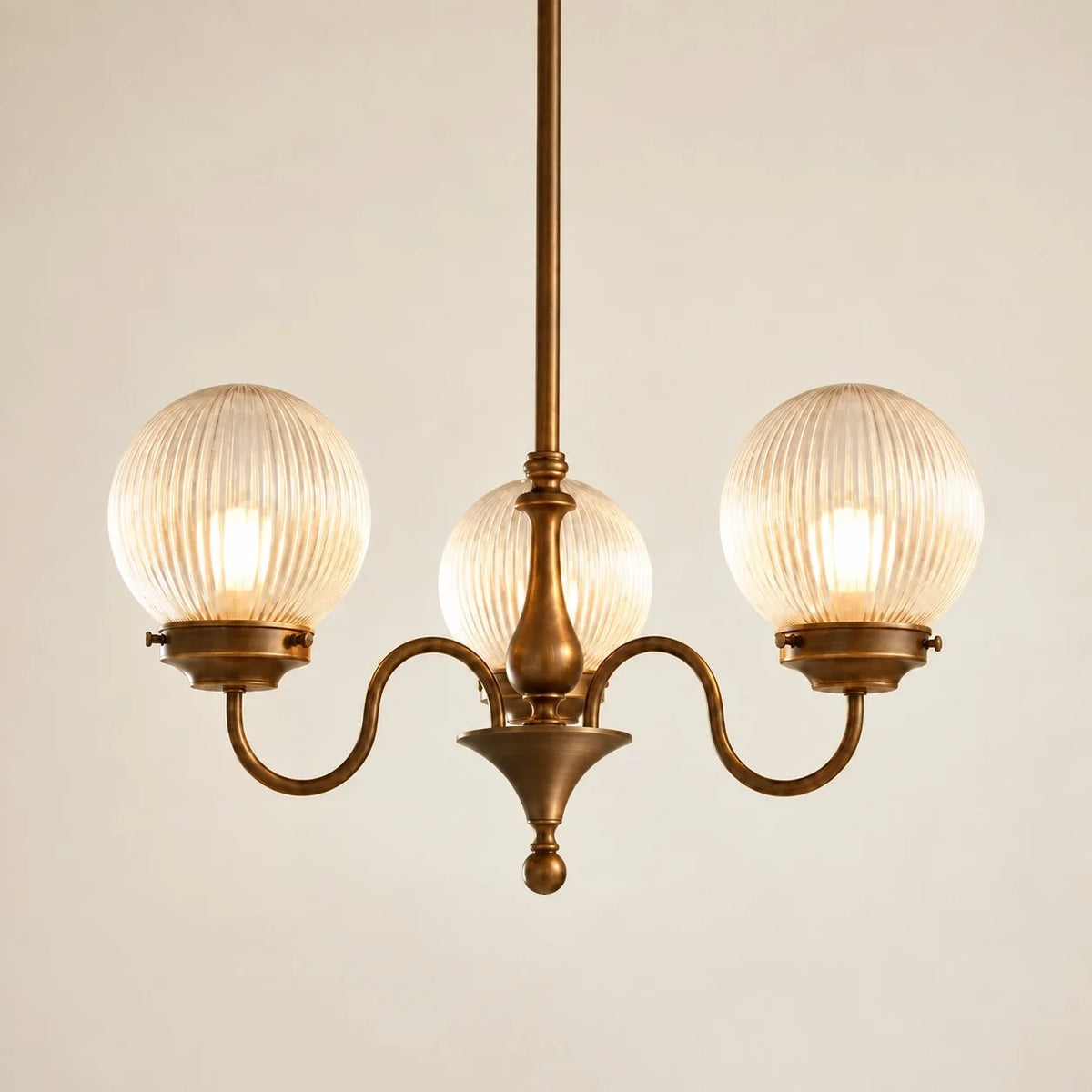 Vintage Three-Light Ribbed Glass Globe Chandelier