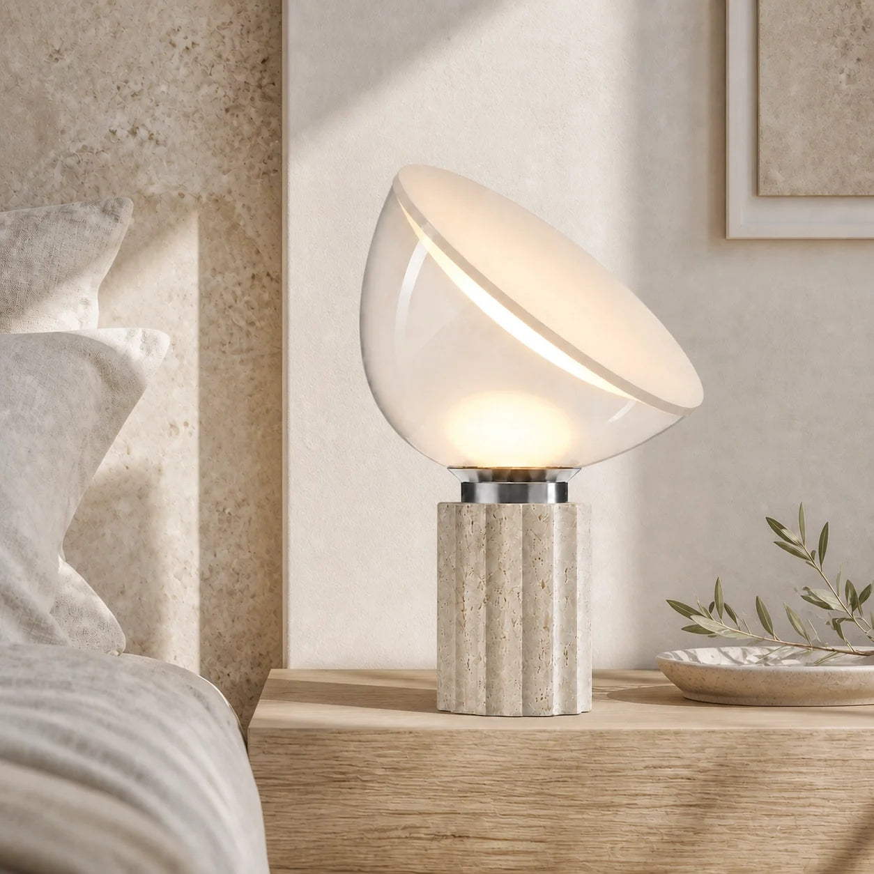 Modern Travertine Table Lamp with Clear Glass Shade