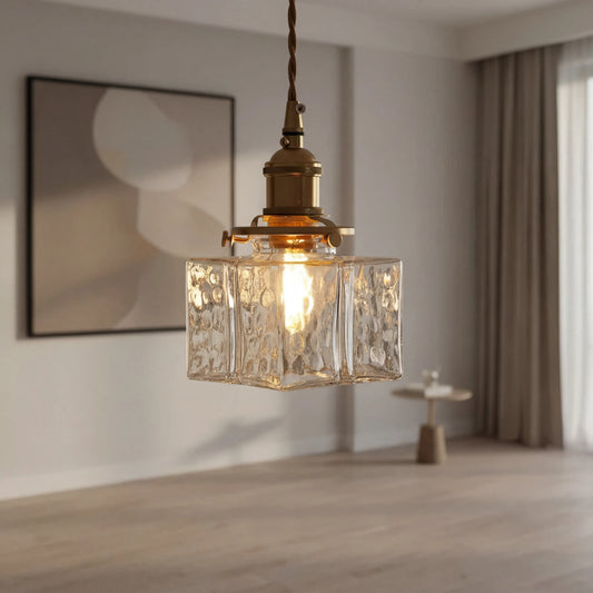 Japandi Vintage Brass & Glass Cube Pendant Light