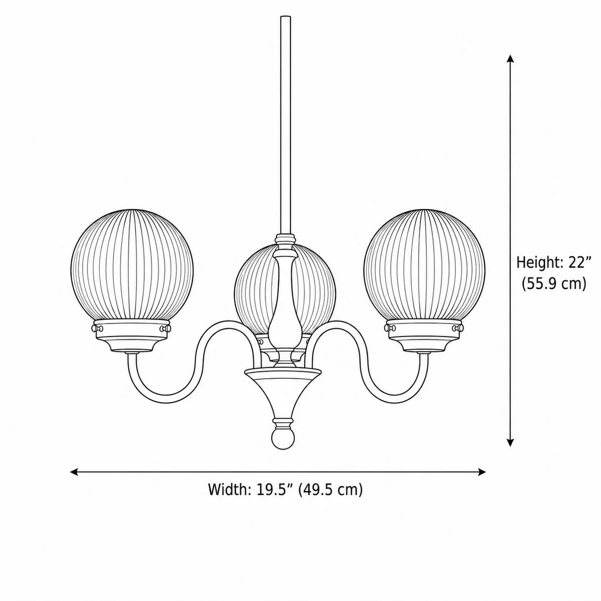 Vintage Three-Light Ribbed Glass Globe Chandelier