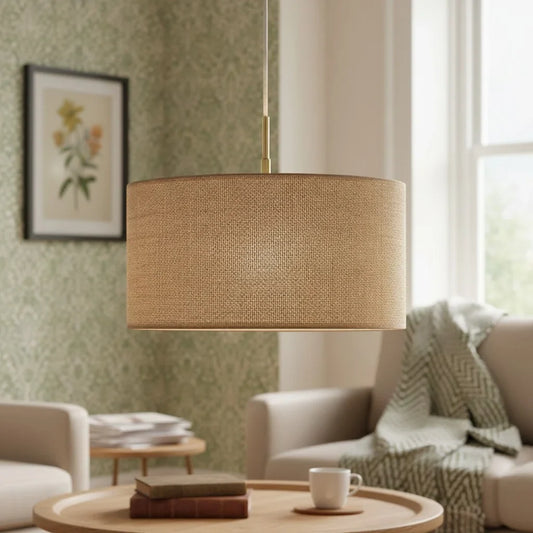 Modern Minimalist Woven Texture Fabric Drum Pendant Light for Living Room