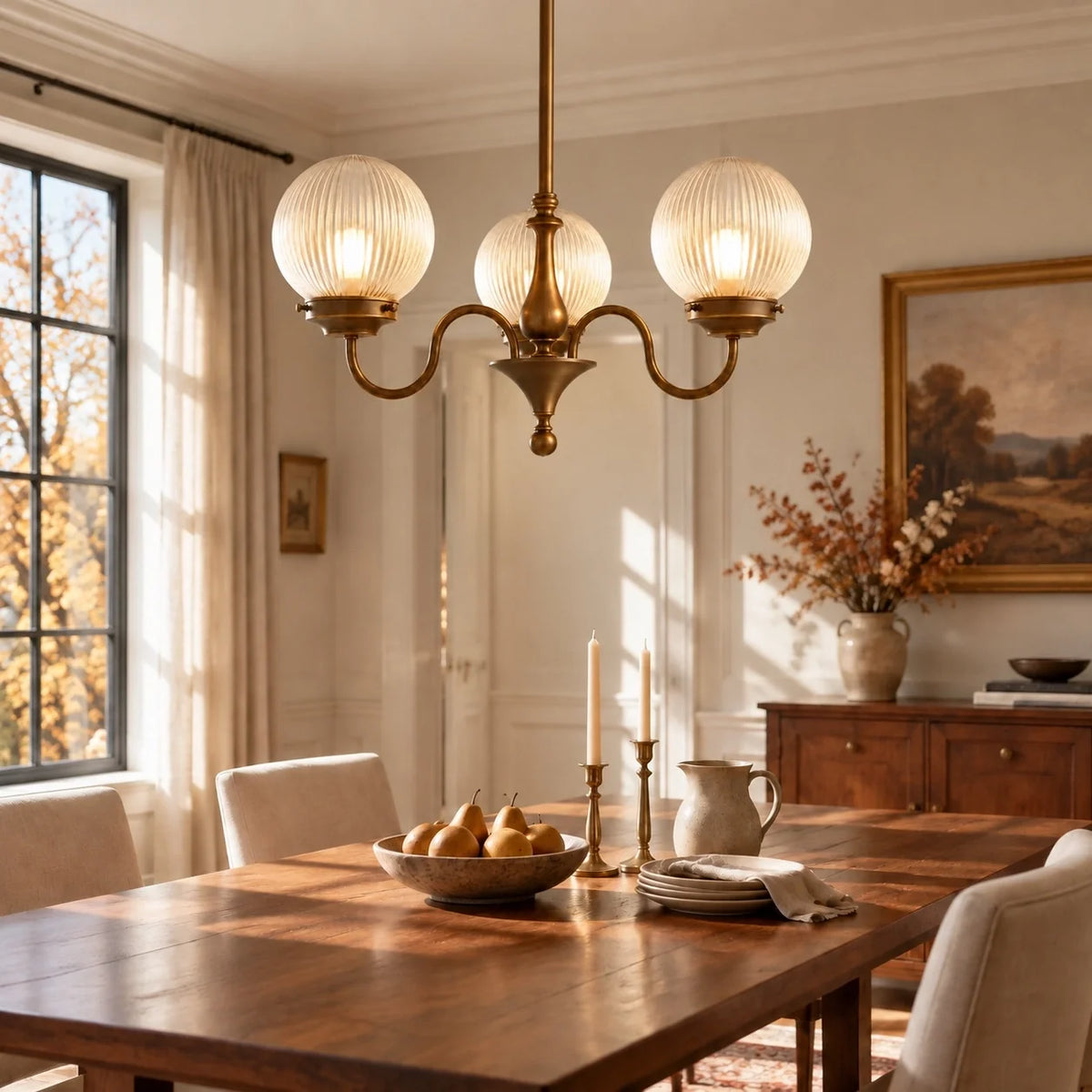 Vintage Three-Light Ribbed Glass Globe Chandelier