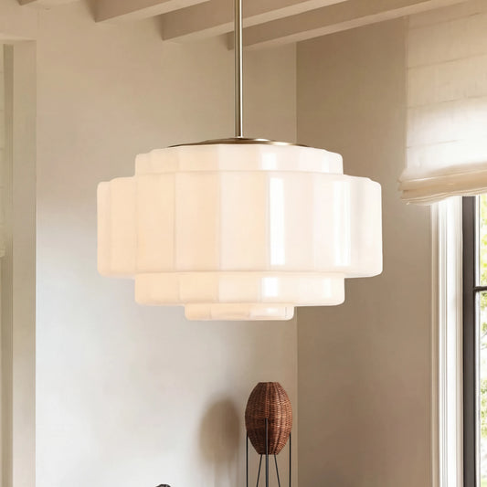 Vintage Brass Tiered Opal Milk Glass Pendant Light