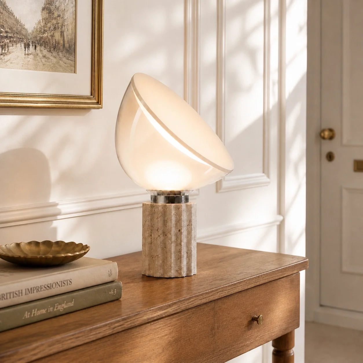 Modern Travertine Table Lamp with Clear Glass Shade