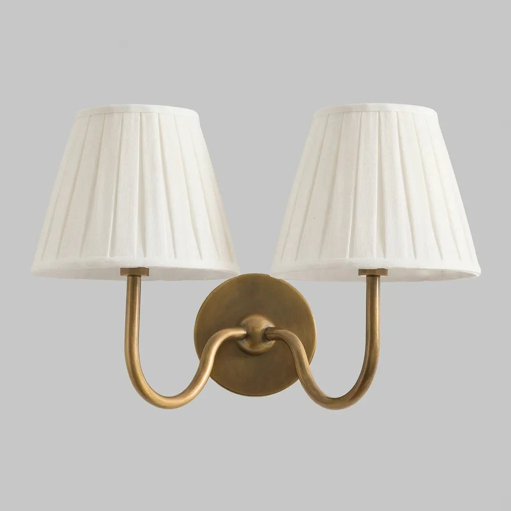 Double wall sconce with white lampshades on a gray background