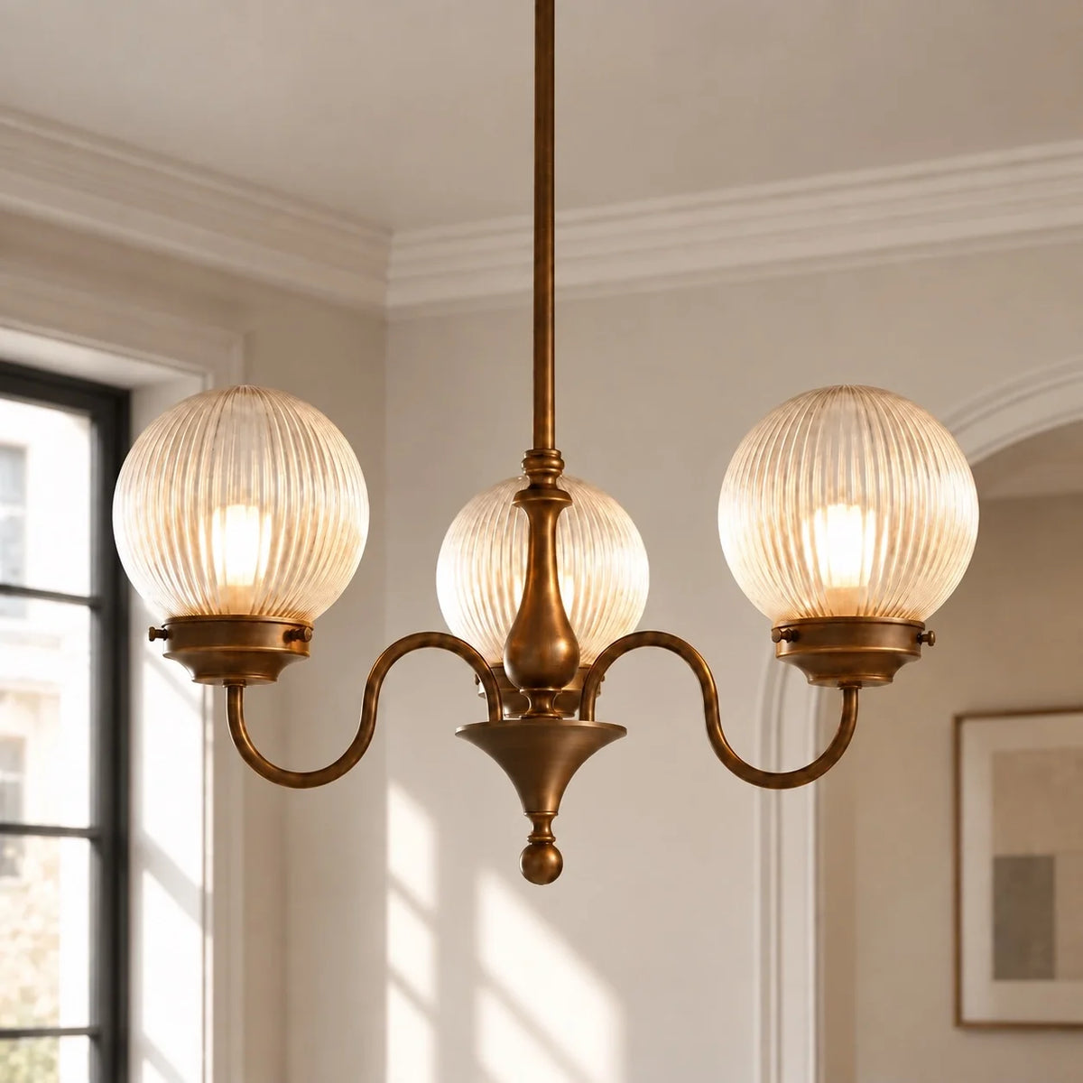 Vintage Three-Light Ribbed Glass Globe Chandelier