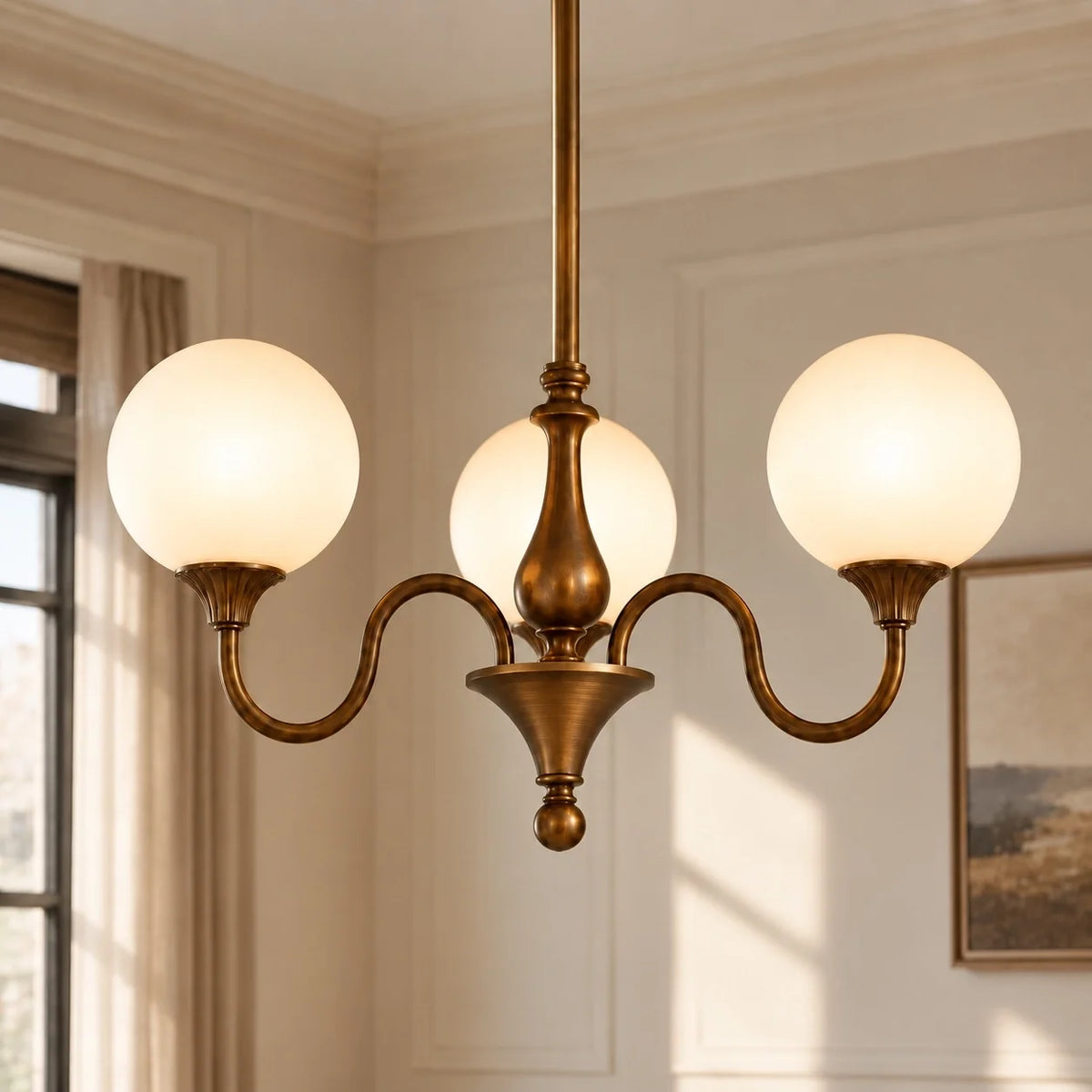 Vintage Three-Light Ribbed Glass Globe Chandelier