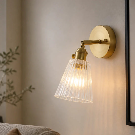 Adjustable Vintage Brass Ribbed Glass Wall Lamp
