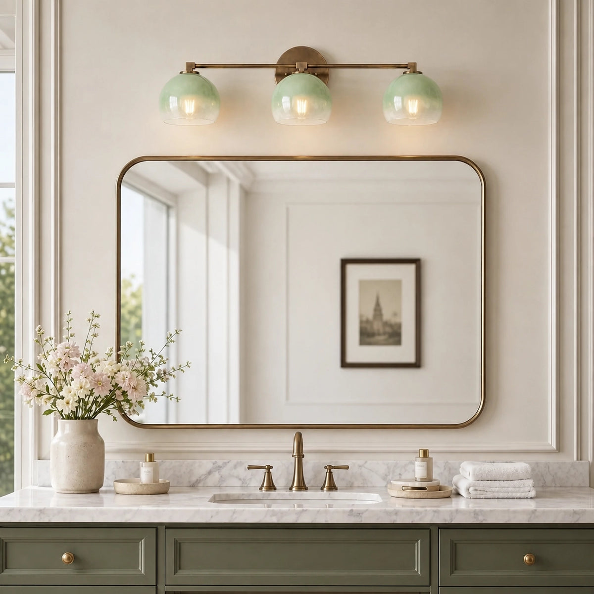Adrian Vintage Brass Glass Globe Bathroom Vanity Light Over Mirror