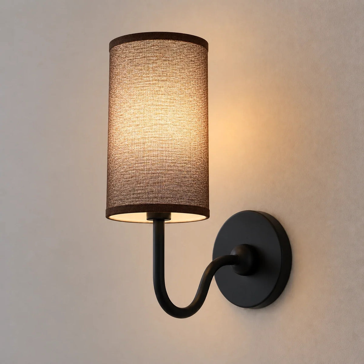 Vintage Cylindrical Linen Wall Light with Curved Arm