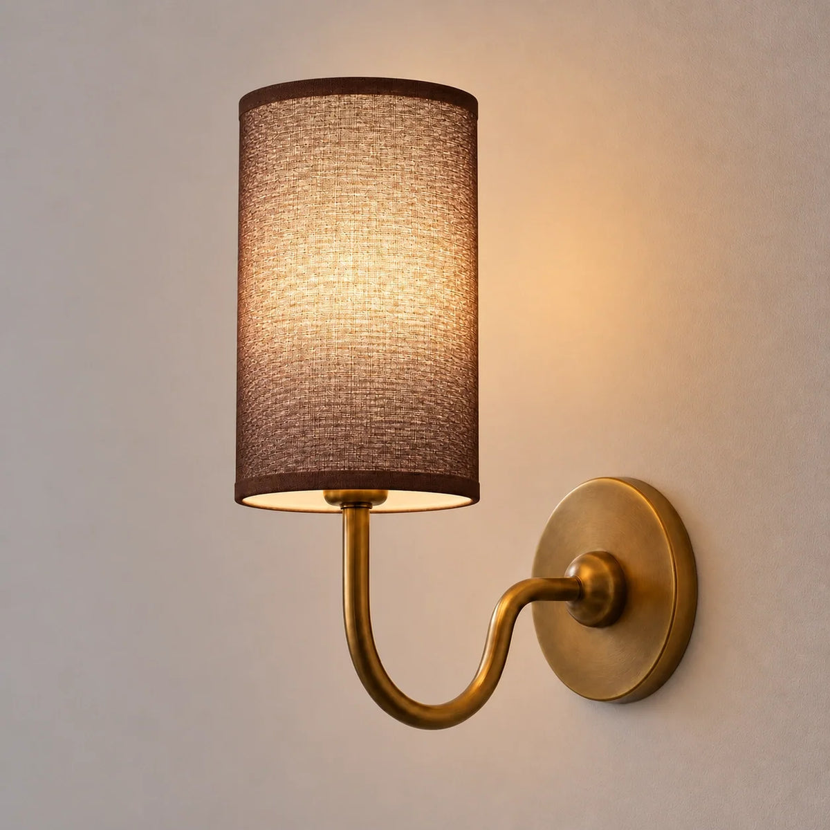 Vintage Cylindrical Linen Wall Light with Curved Arm
