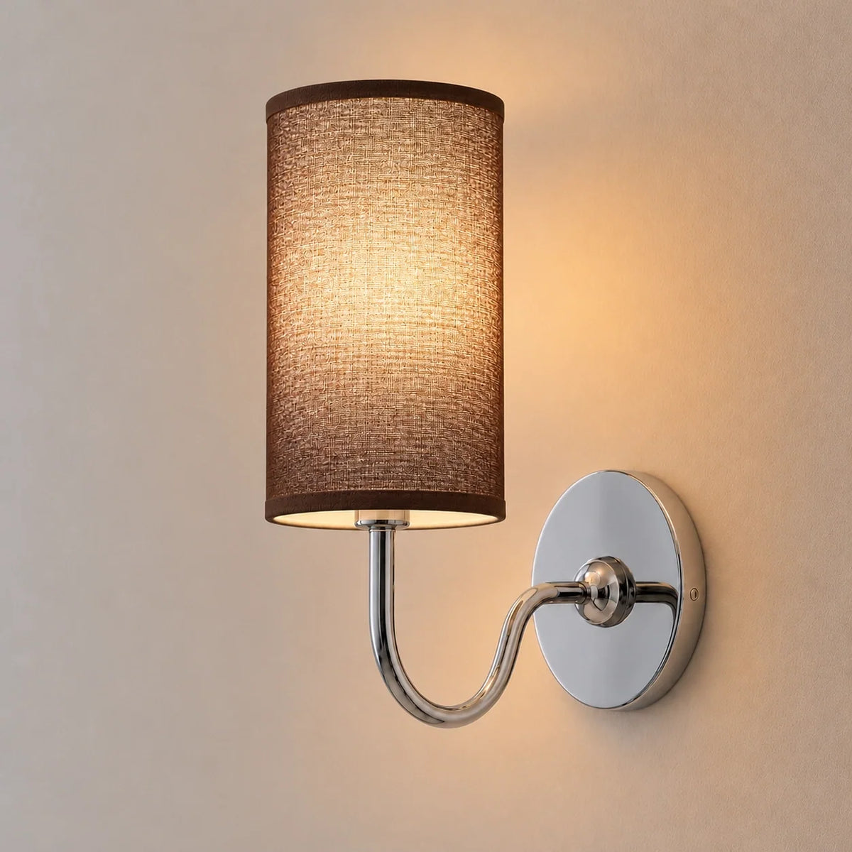 Vintage Cylindrical Linen Wall Light with Curved Arm