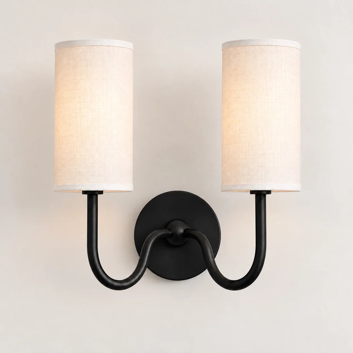 Vintage Cylindrical Linen Wall Light with Curved Arm