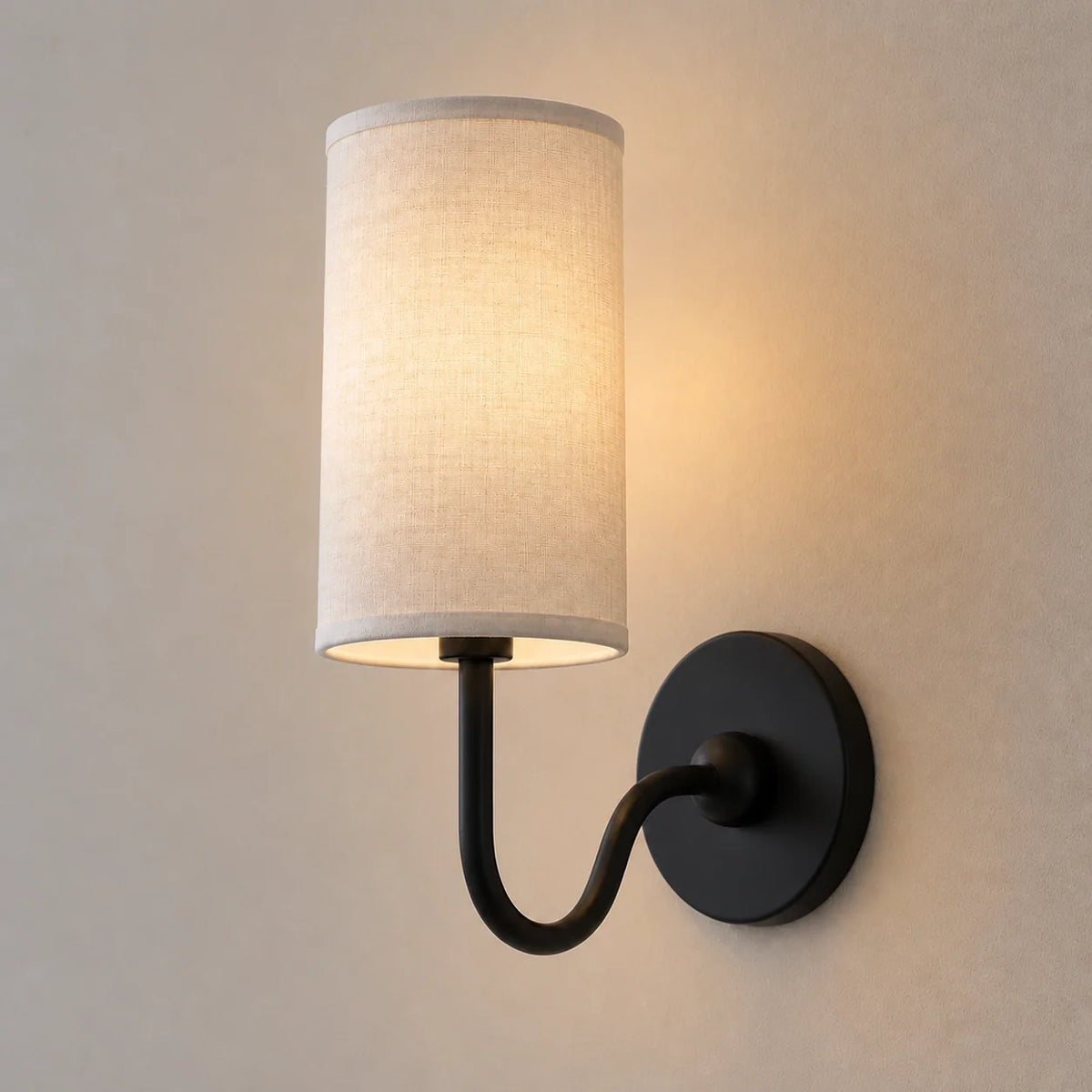 Vintage Cylindrical Linen Wall Light with Curved Arm