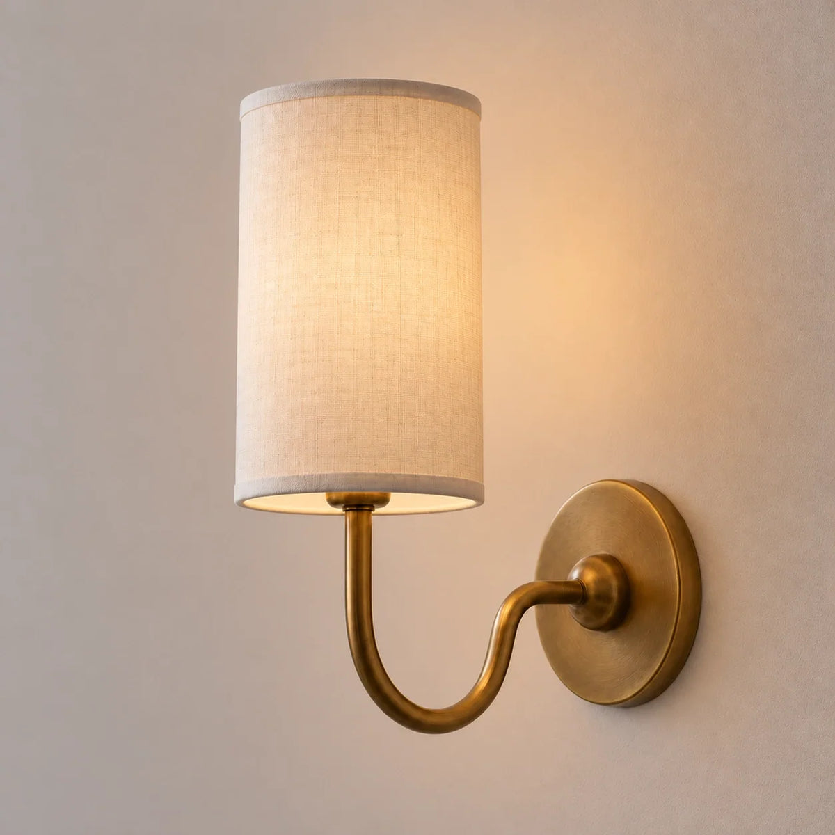 Vintage Cylindrical Linen Wall Light with Curved Arm