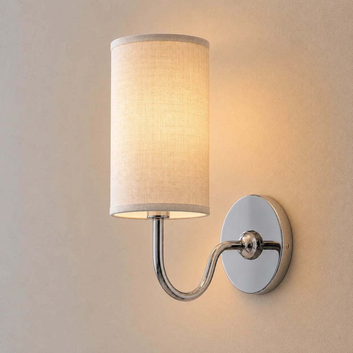 Vintage Cylindrical Linen Wall Light with Curved Arm