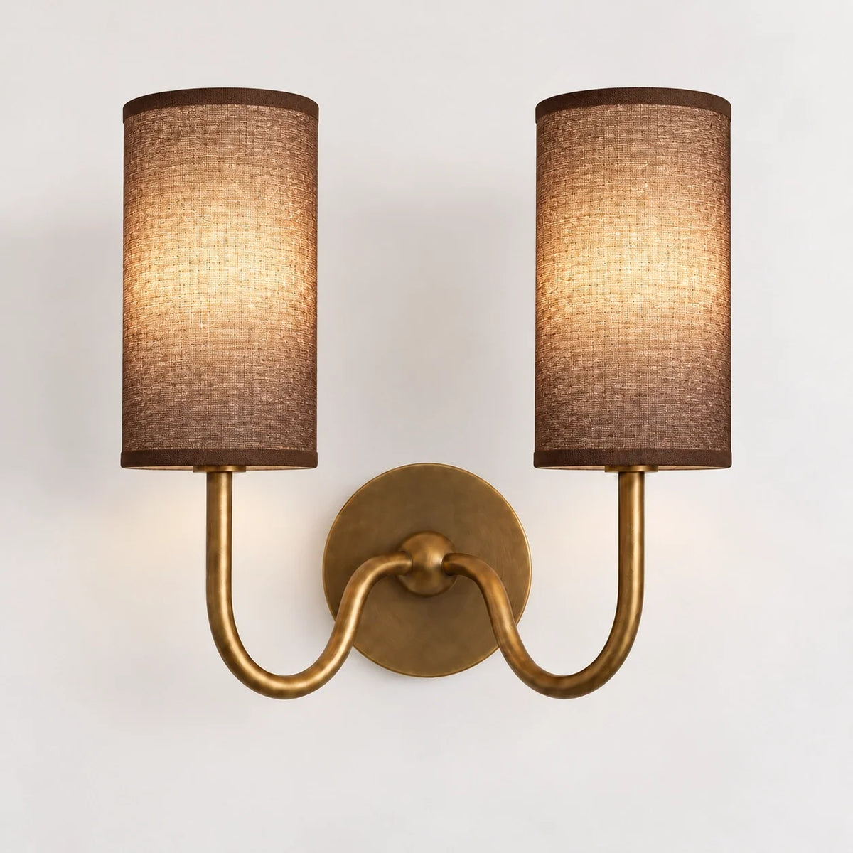 Vintage Cylindrical Linen Wall Light with Curved Arm