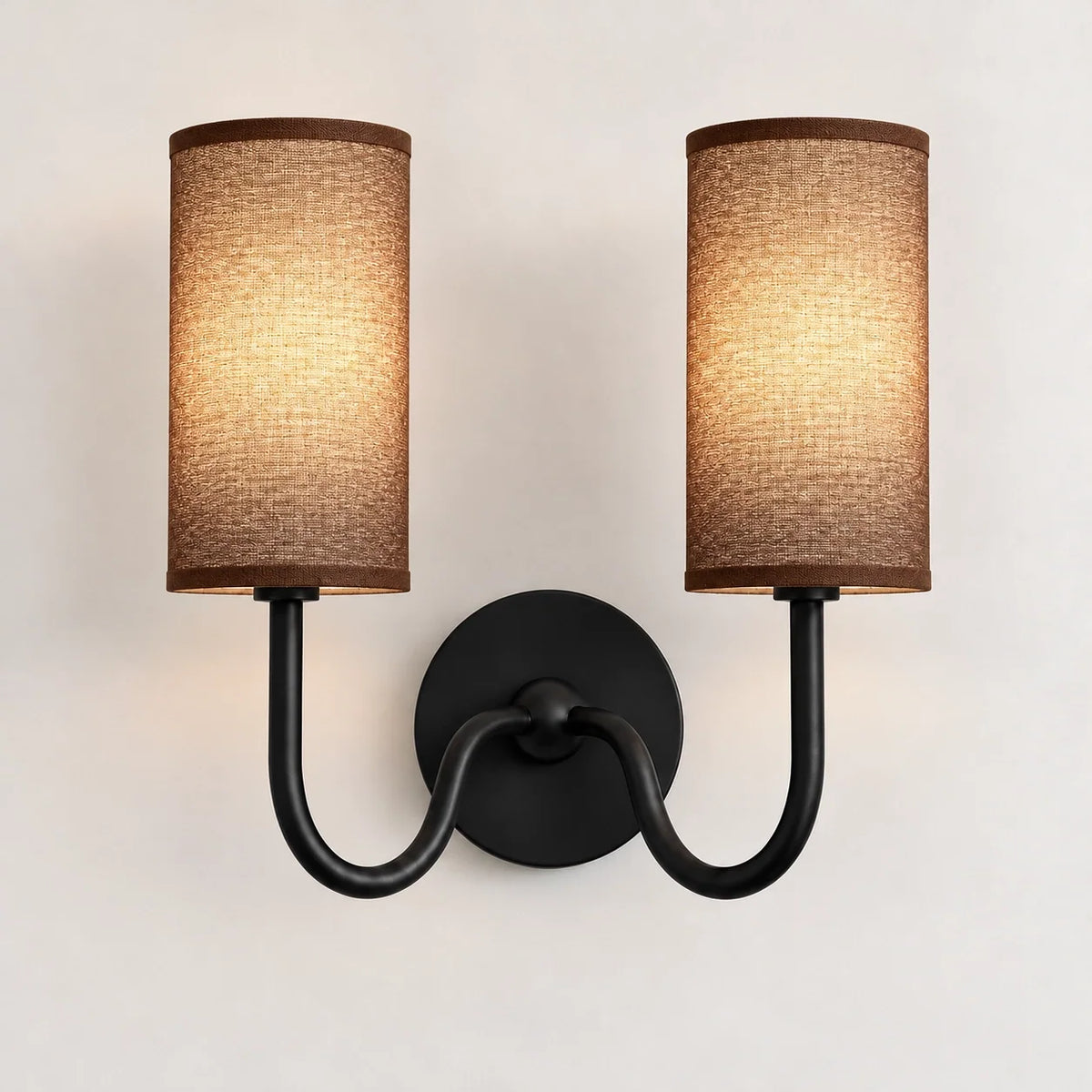 Vintage Cylindrical Linen Wall Light with Curved Arm