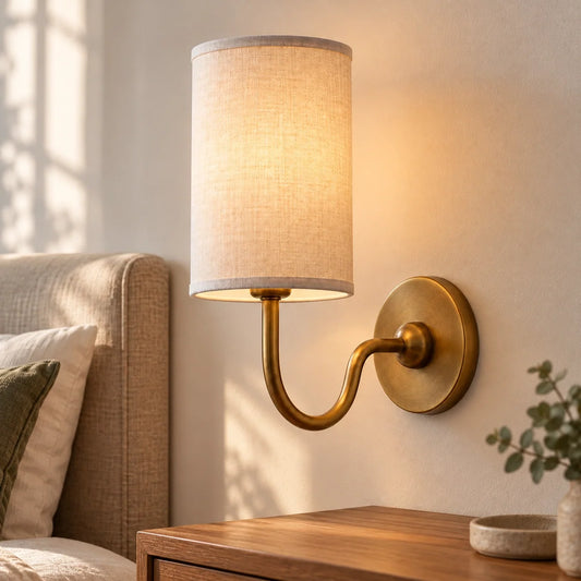 Vintage Cylindrical Linen Wall Light with Curved Arm