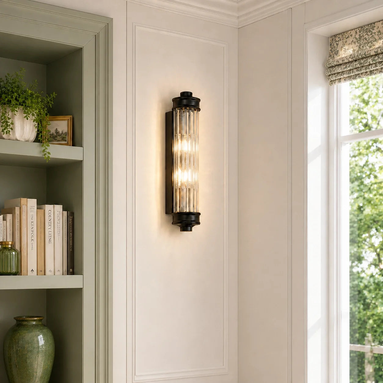 Art Deco Vertical Ribbed Glass Cylindrical Wall Sconce
