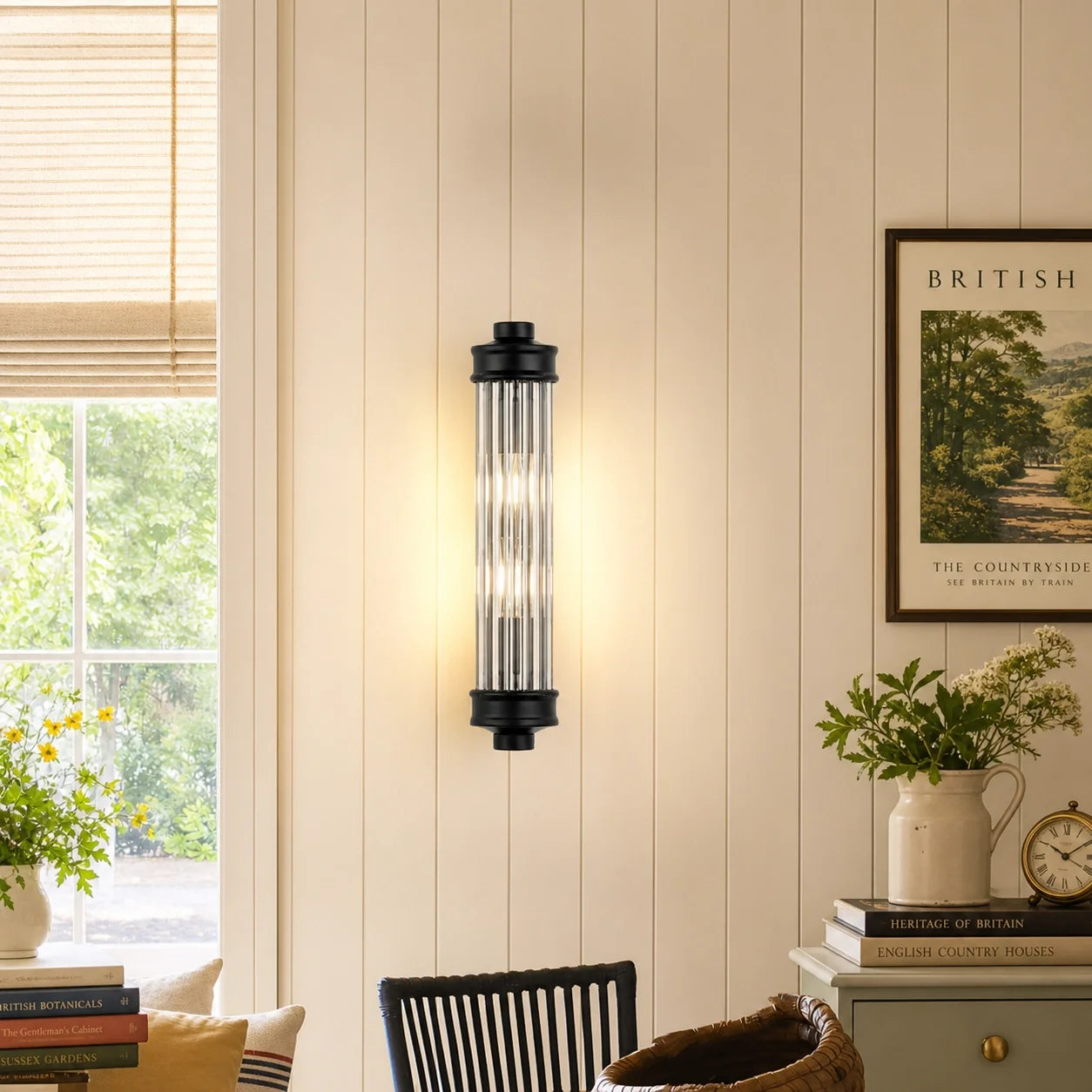 Art Deco Vertical Ribbed Glass Cylindrical Wall Sconce