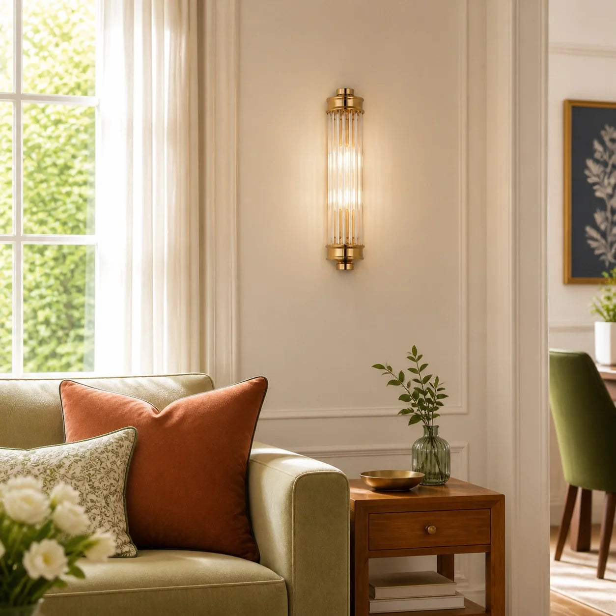 Art Deco Vertical Ribbed Glass Cylindrical Wall Sconce